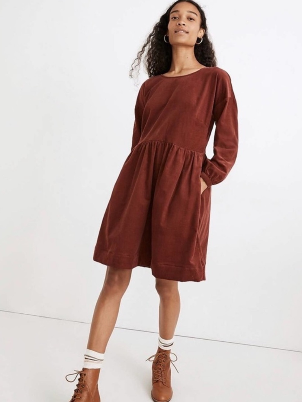Madewell Long Sleeve Corduroy Dress in Rust Orange Red
